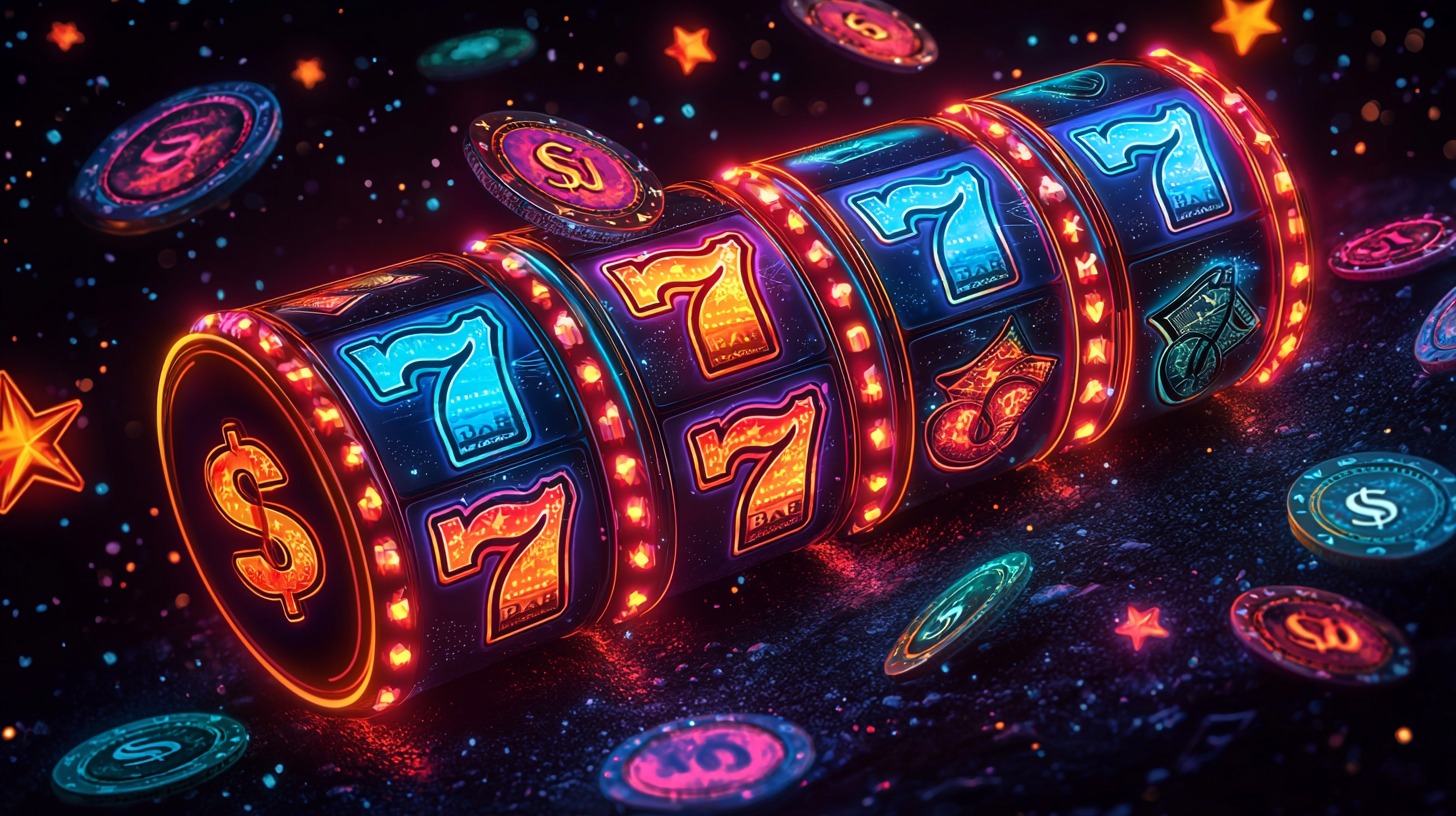 Casino elements like slots, money symbols, and stars